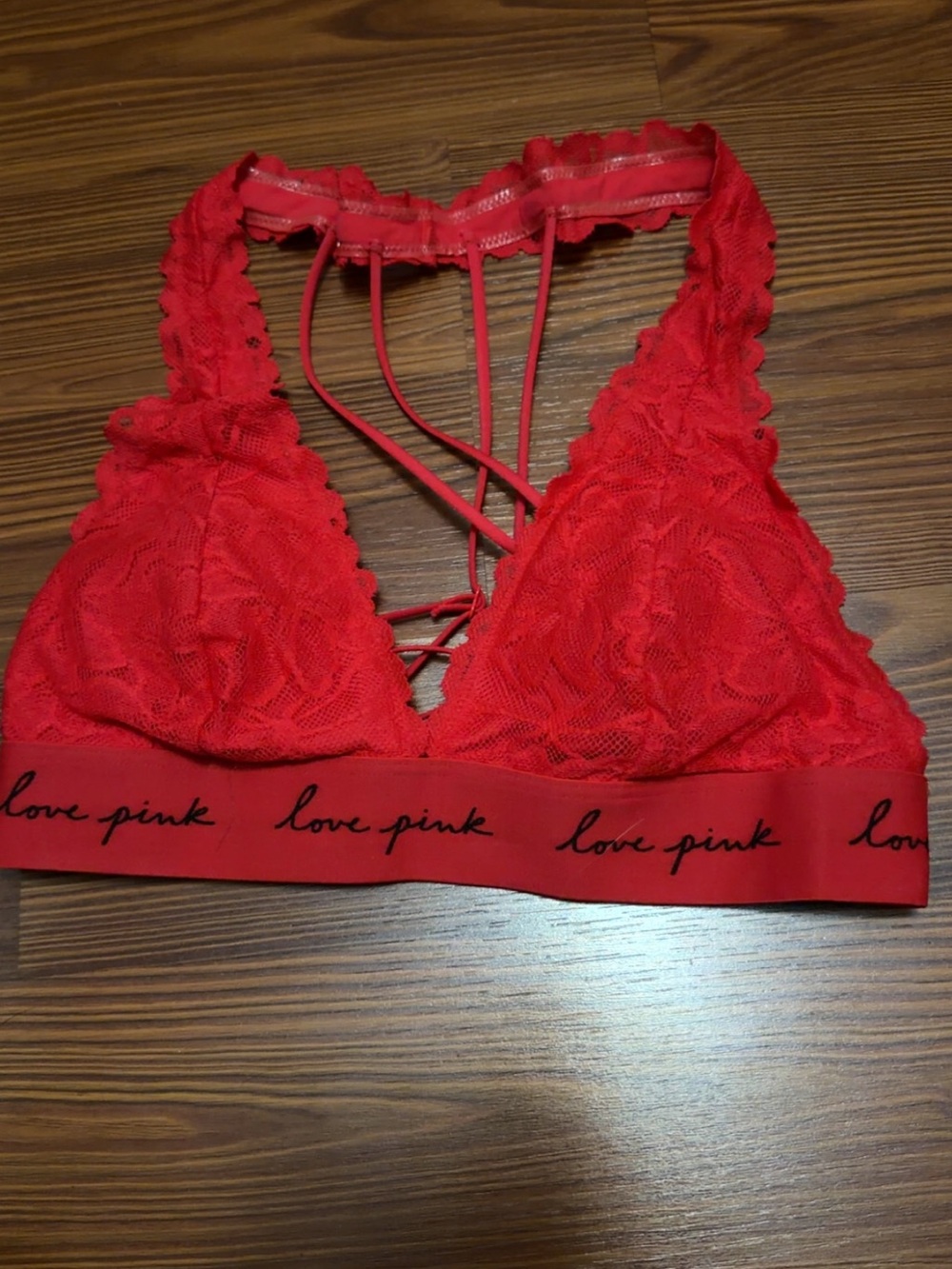 PINK Victoria's Secret Red Lace Strappy Bralette with 'love pink' Band